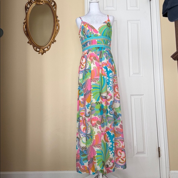 Trina Turk 100% Silk Colorful Maxi Dress Adjustable Spaghetti Straps Lined Flaw - Picture 15 of 17